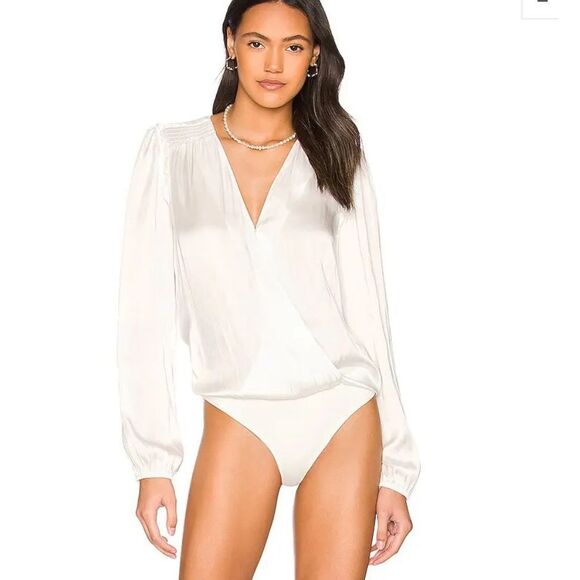 Paige Womens‎ Satin Long Sleeve V-Neck Wrap Whitney Bodysuit Blouse White Small - Picture 3 of 9